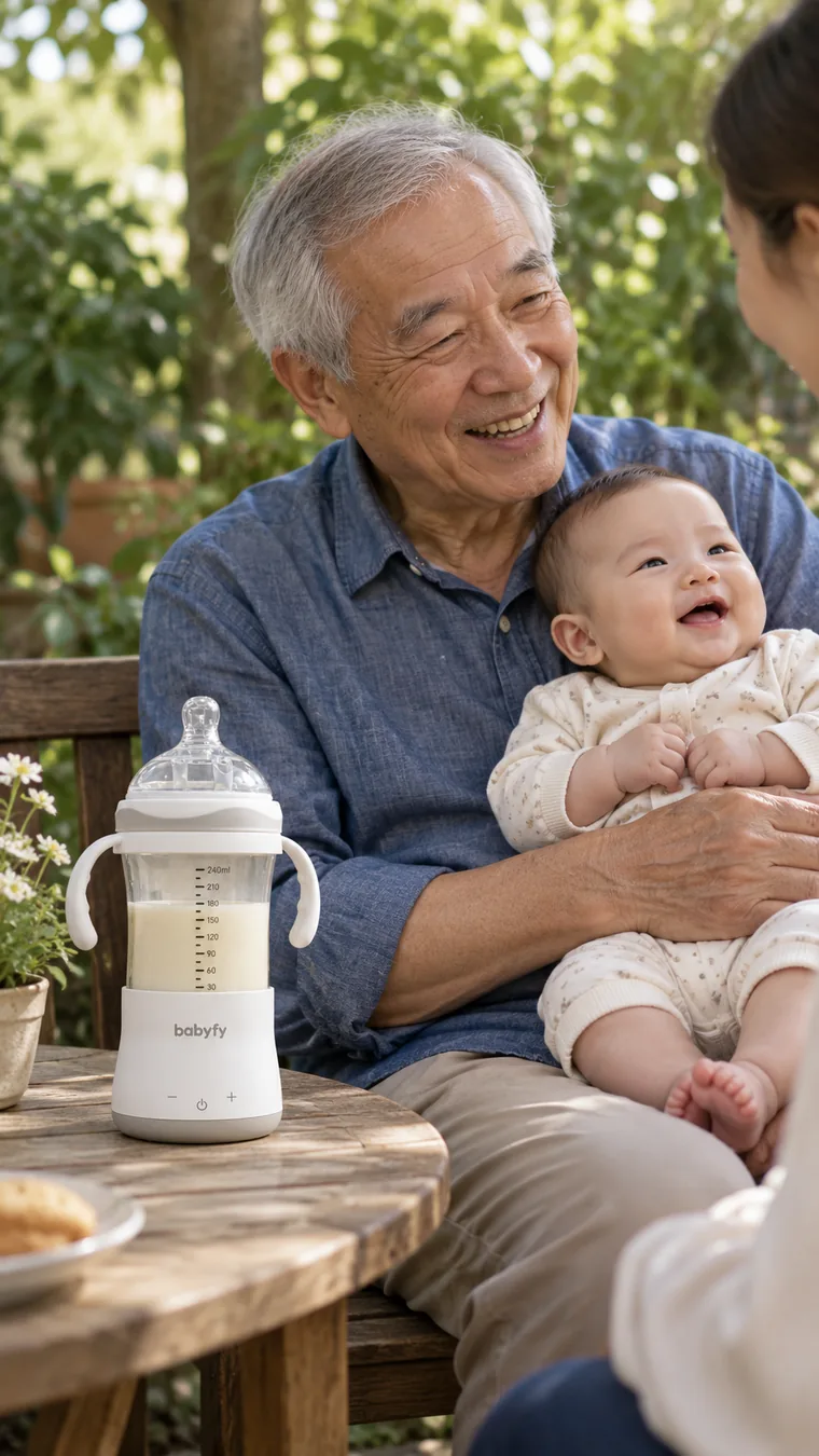 Un abuelo con su nieto en el jardín y el babyfy en la mesa