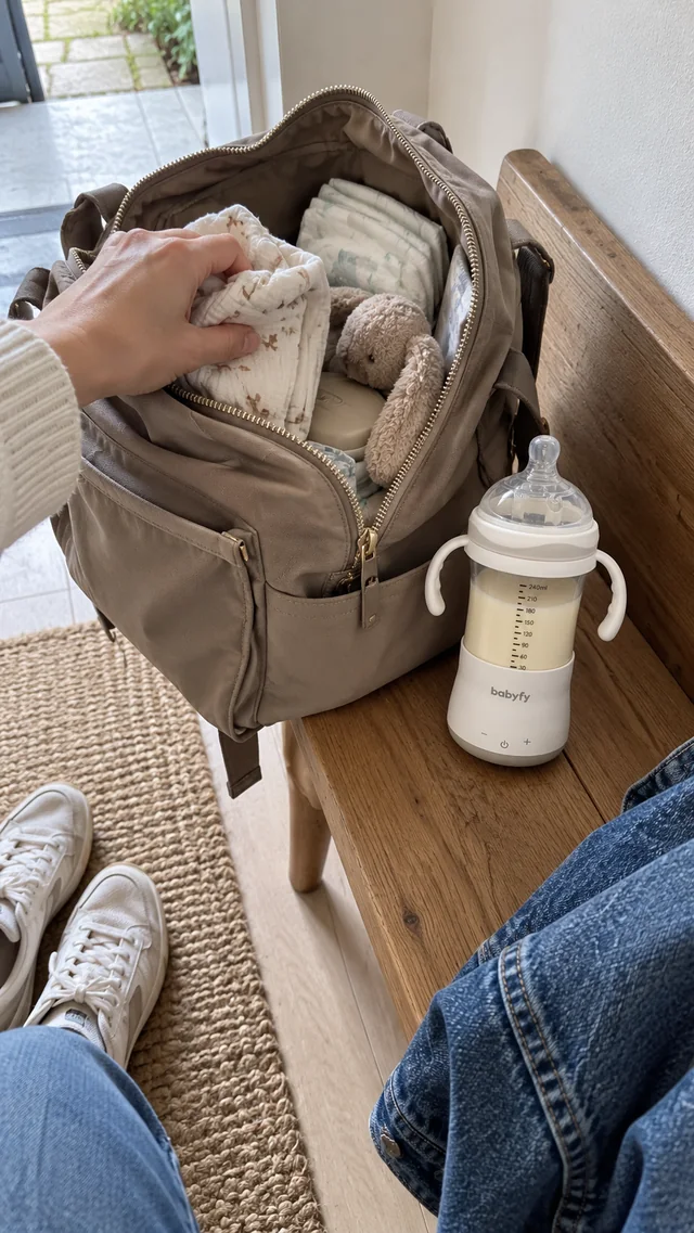 babyfy en un banco junto a la bolsa del bebé, antes de salir