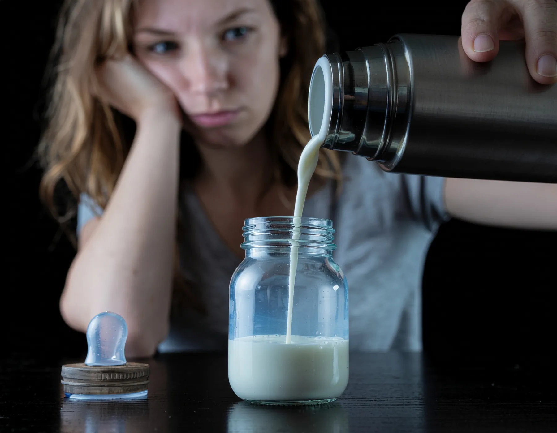 Una madre cansada vierte leche de un termo a oscuras
