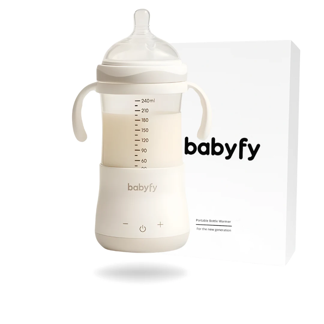 Foto real del babyfy con leche, junto a su caja de presentación